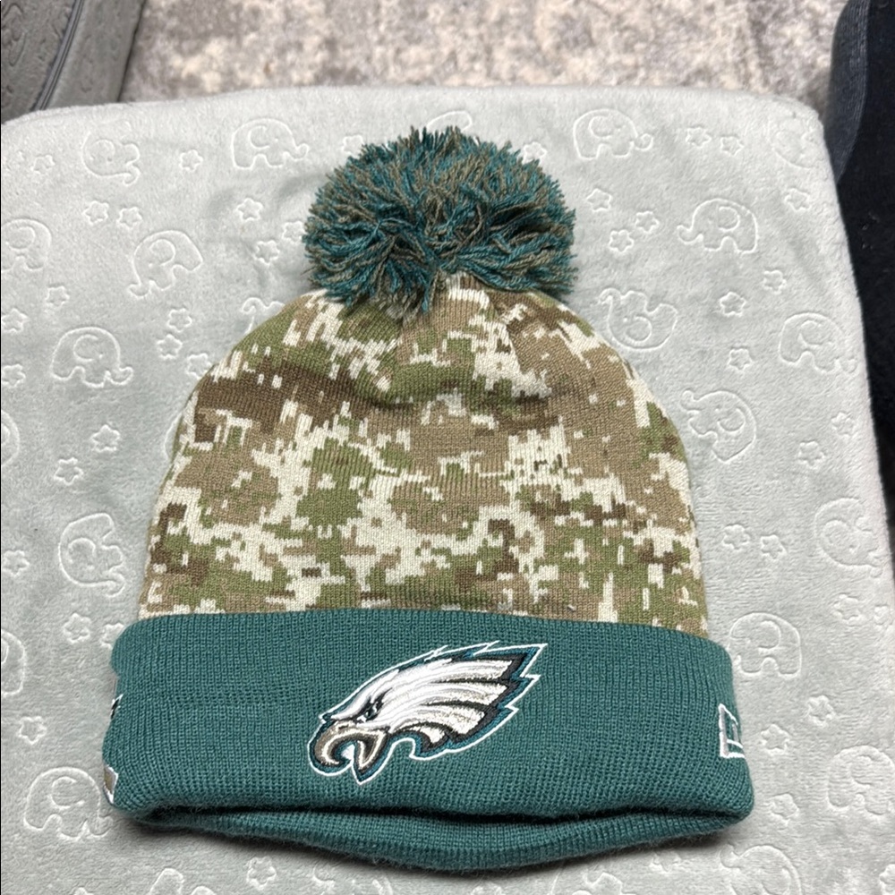 New Era Kids Camo Beanie with Teal Pom